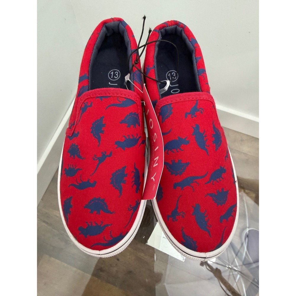 Josiny Kids Red Dinosaur Print Slip On Sneakers Canvas Casual Shoes Size 13 NEW